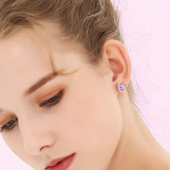 Silver Platinum and Pink Sapphire Cubic Zirconia Mickey Mouse Post Stud Earrings - Picture 6 of 6